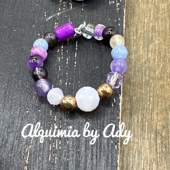 Aquamarine Amethyst gold charms beaded handmade statement ring gem band dainty - Picture 1 of 5